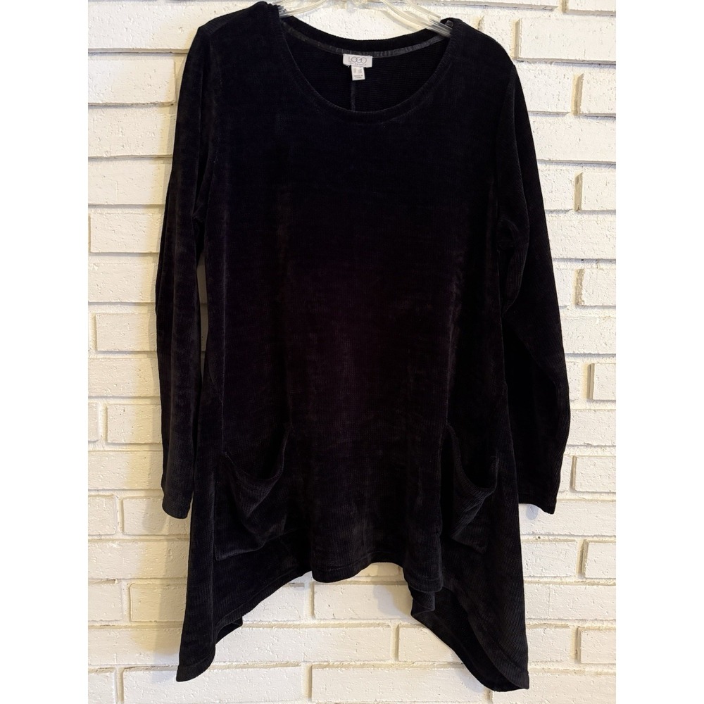 LOGO by Lori Goldstein Chenille Sweater with Sharkbite Hem-Black-Size 1X
